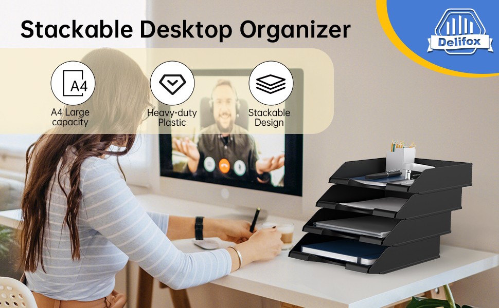 4 Pack Stackable Paper Trays for Letter Documents, Desktop File Organizers for
