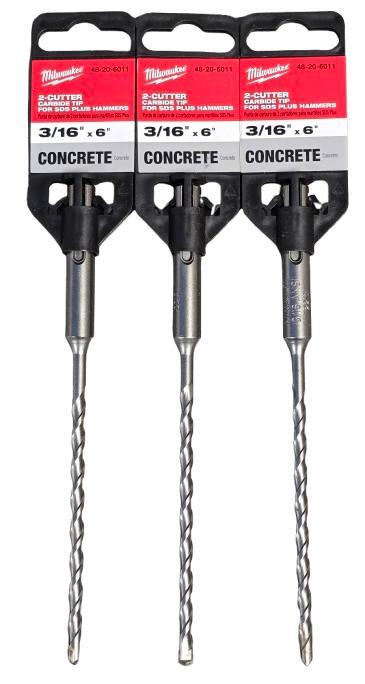 Milwaukee 2-Cutter Carbide Tip For SDS Plus Hammers 3/16" X 6 - Concrete (3 Pk)