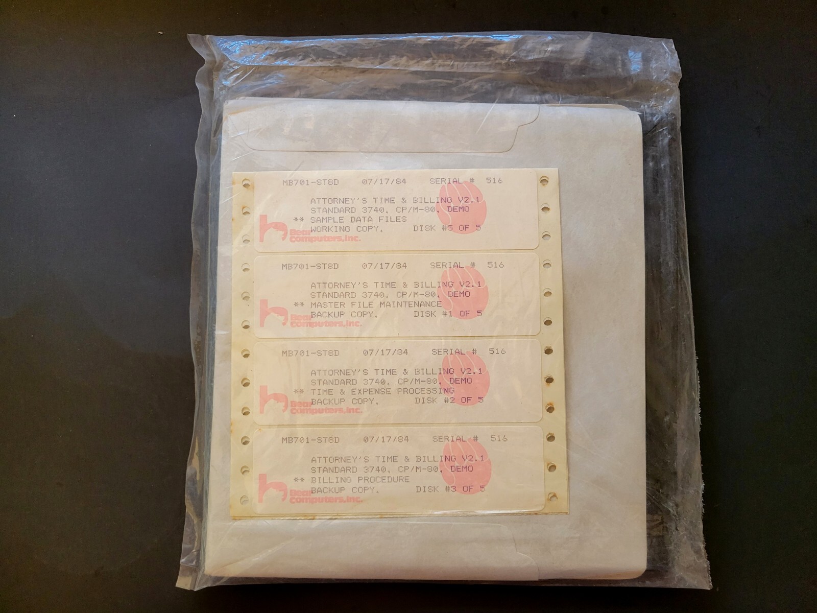 Vintage Attorney's Time & Billing V2.1 Software - 8" Disks 1984 Bear Computers