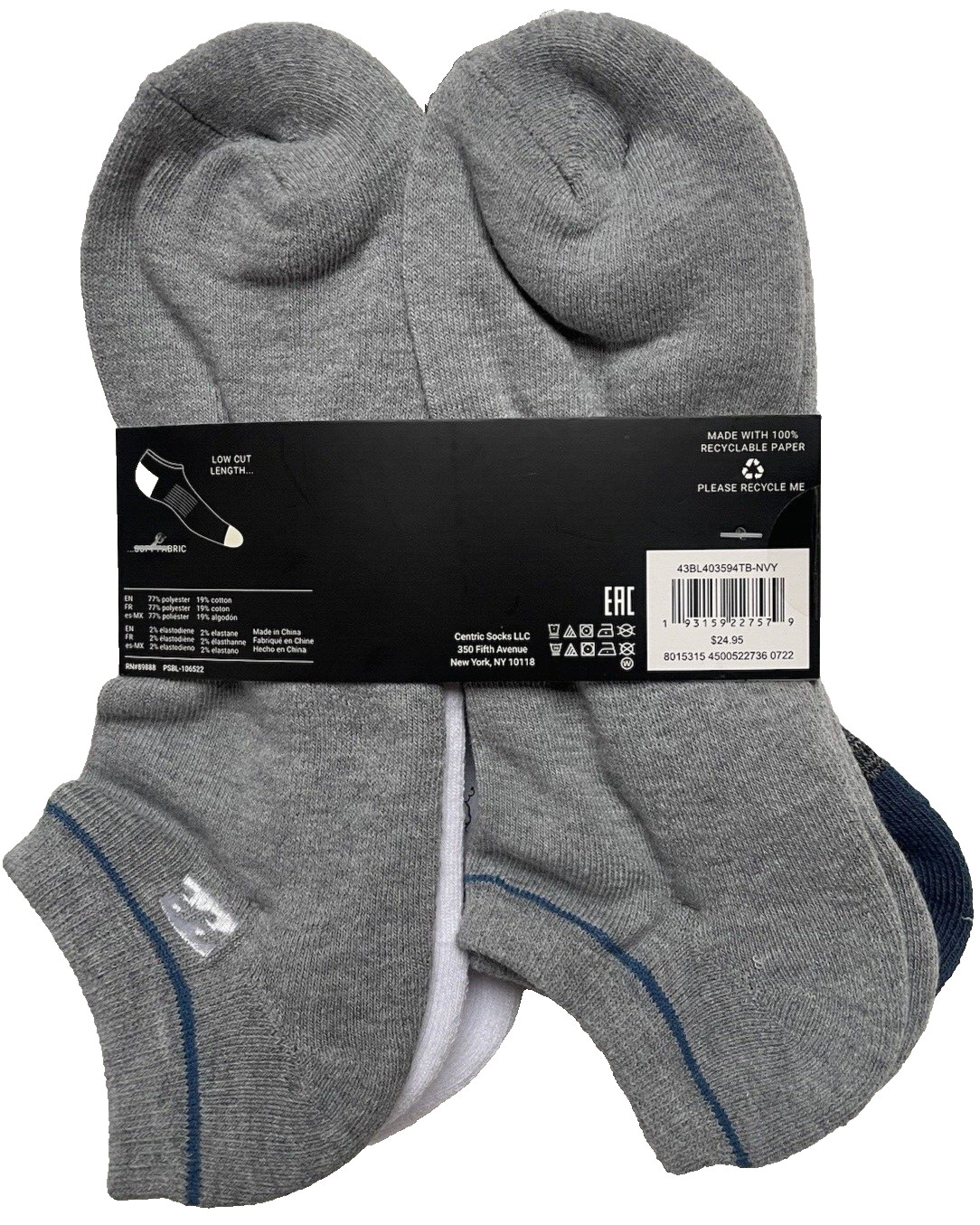 BILLABONG 5 Pair Men's Low Cut Socks BLUE WHITE GRAY Shoe Sizes 6-12 $24.95 NWT