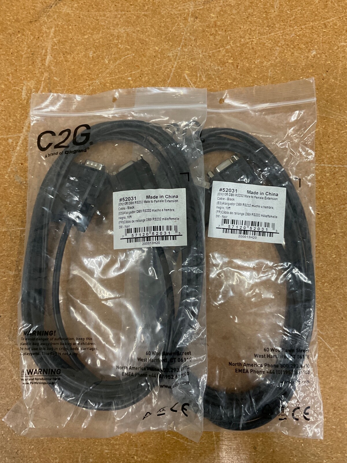 Lot of 2 C2G #52031 10FT DB9 RS232 Male to Female Extension Black