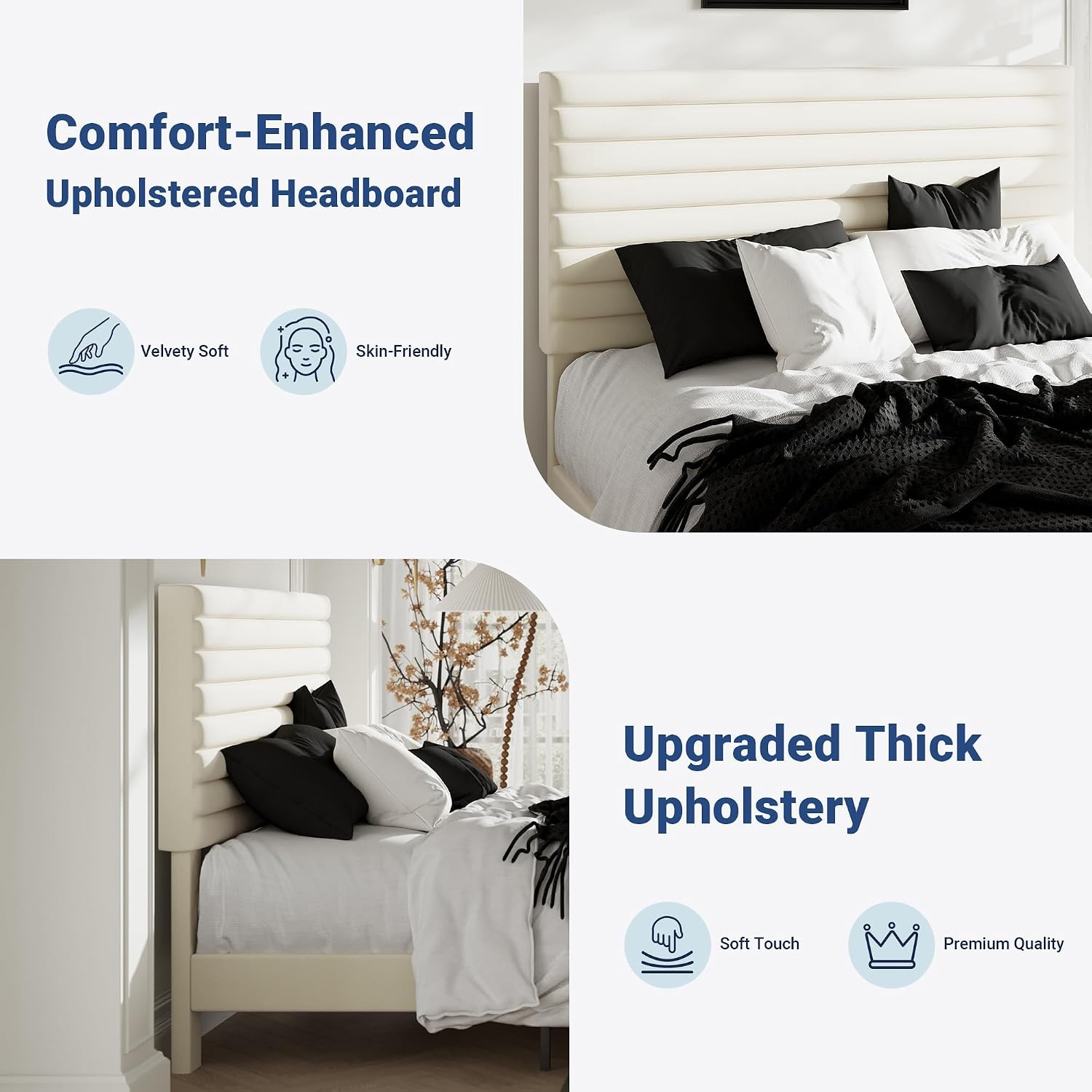 Full Bed Frame Velvet Upholstered Platform Bed with Adjustable Headboard