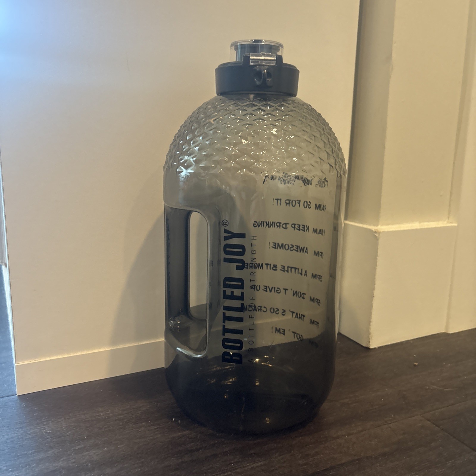 Bottled Joy 1 Gallon Water Bottle Drink Jug Motivational Time Slot Clear Black