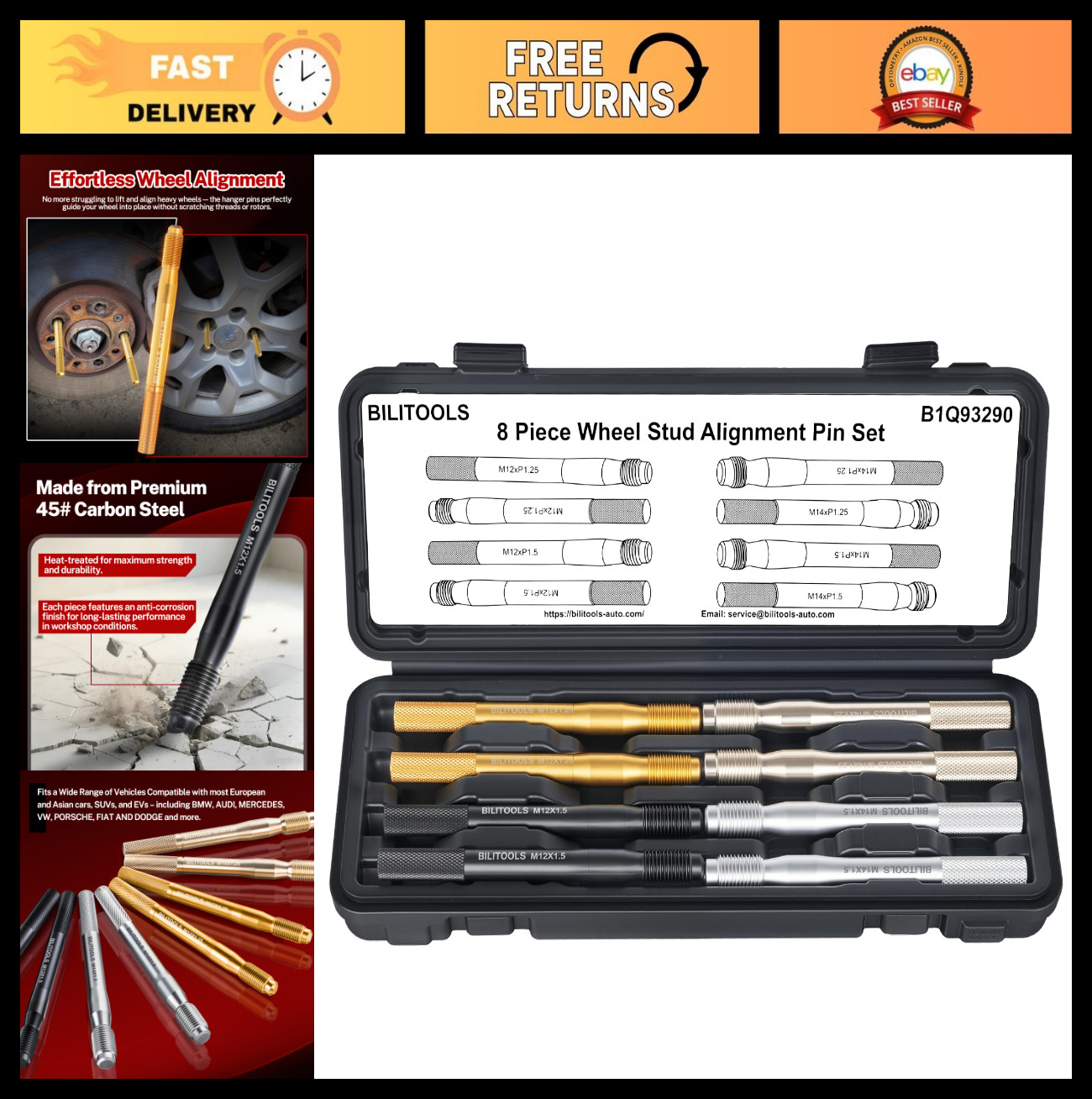 8-Piece Wheel Alignment Pin Set - Carbon Steel Lug Bolt Pilot Pins M12 M14