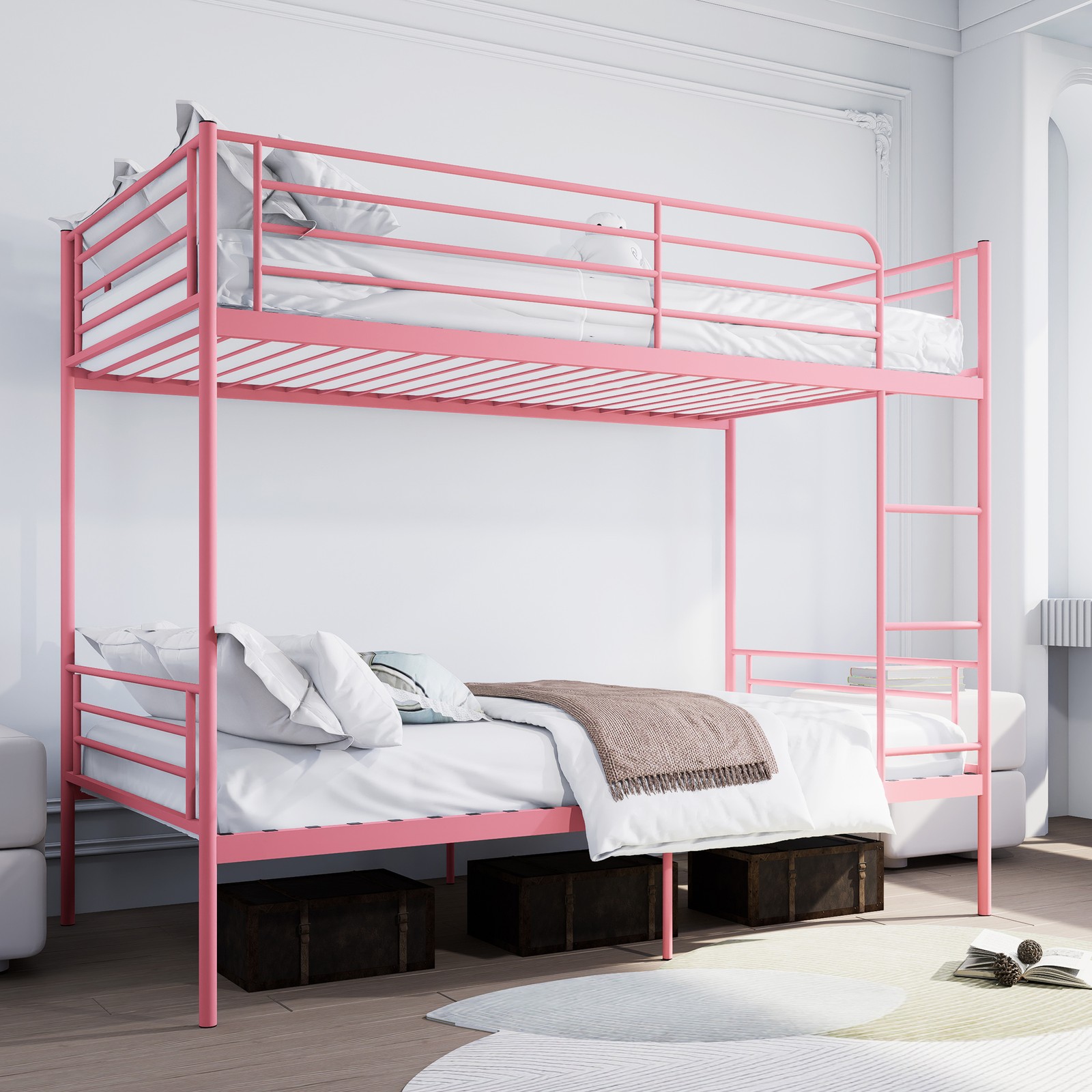 Bunk Bed with Ladder and high Guardrail,Twin Over Twin Size Metal Bunk Bed Pink