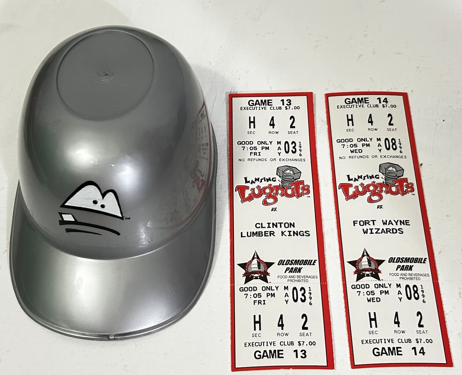 LANSING LUGNUTS Vintage Mini Baseball Helmet & 1996 Ticket Stubs (Games 13/14)