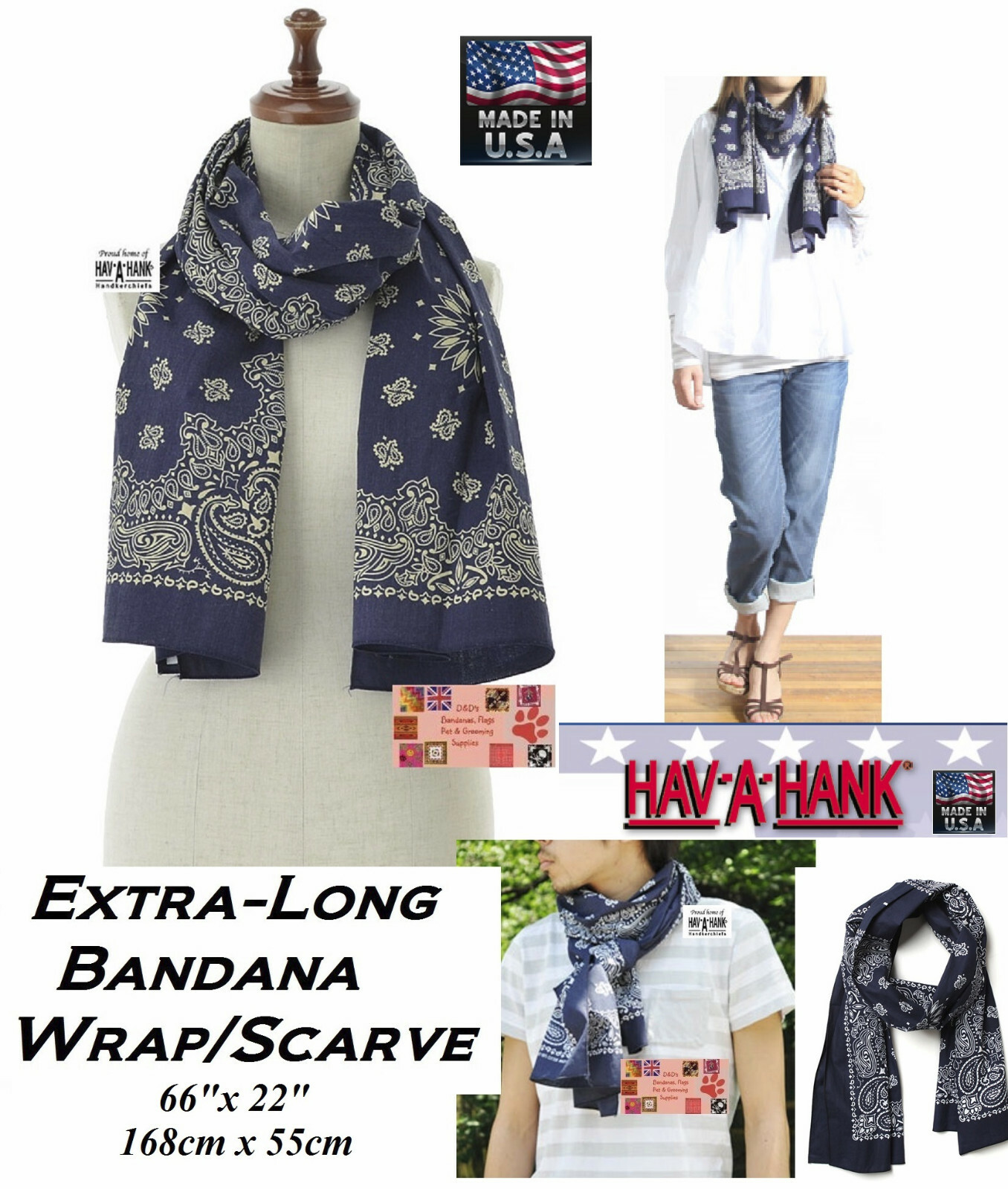 HAV-A-HANK Navy Blue LONG PAISLEY BANDANA SCARF SCARVE WRAP NECK 66x22" 168x55cm