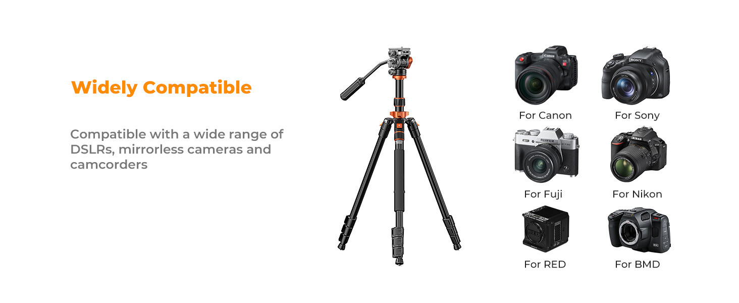 K&F Concept 83in Camera Video Tripod Travel fr DSLR Compact Tripod w/ Fluid Head