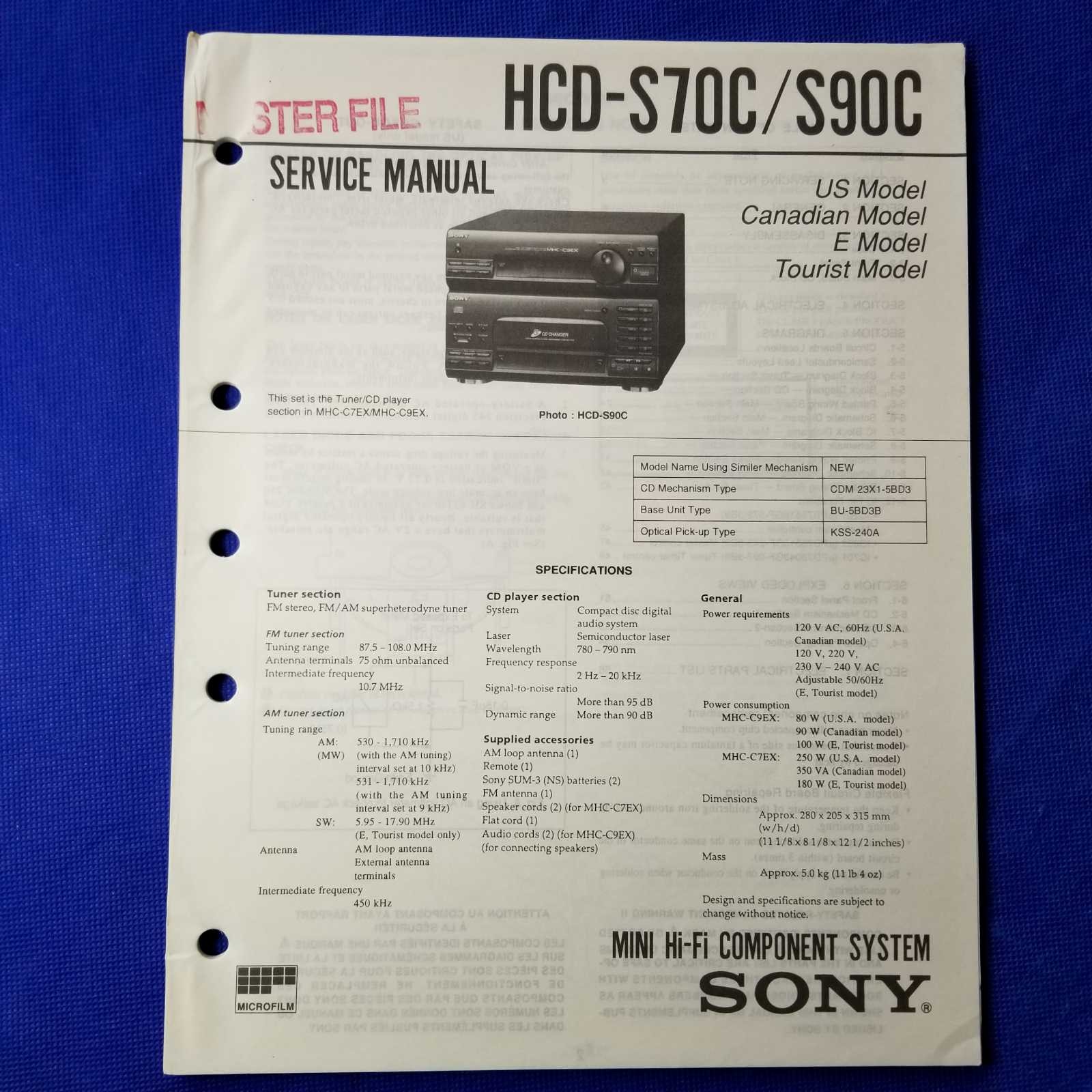 SONY HCD-S70C HCD-S90C Service Manual Original Paper OEM Repair Guide - USA