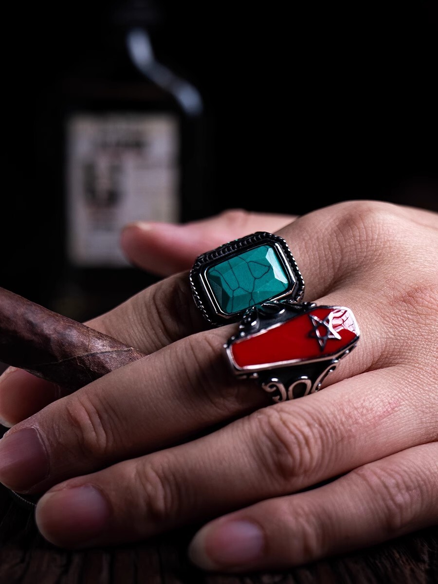 hangsworld Devil's Heart Dark Inverted pentacle Retro Red Drip Glue Ring