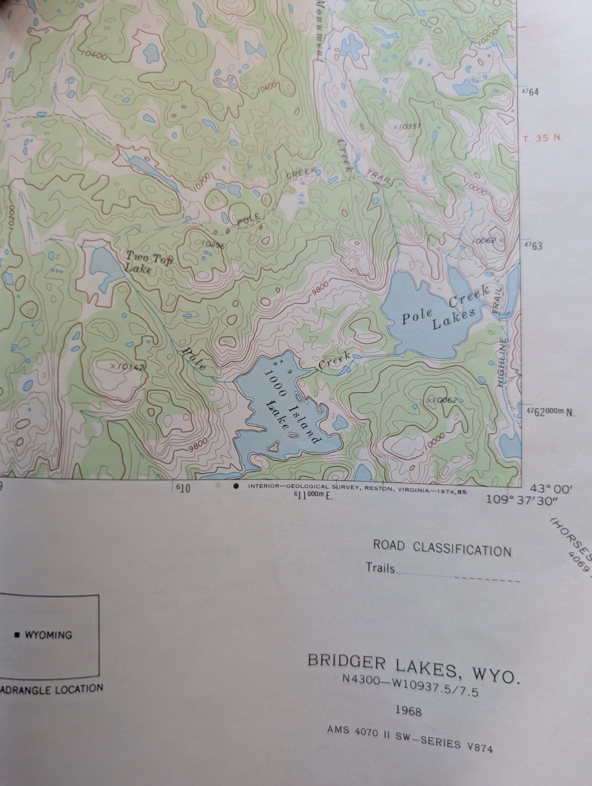 USGS Topo Map 7.5' Bridger Lakes, WYOMING N4300-W10937.5 (1968)