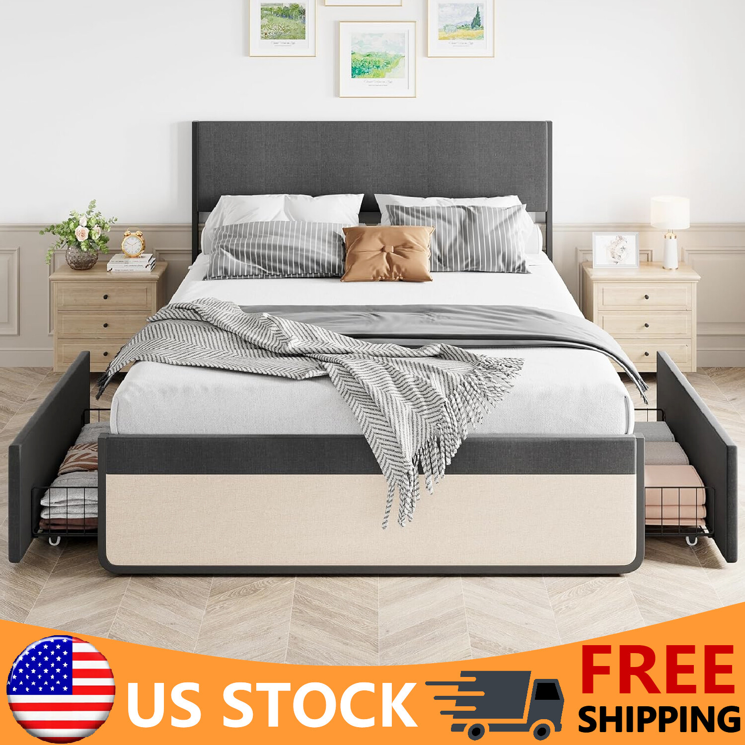Queen Size Bed Frame, Upholstered Headboard ,Platform Bed Frame, Storage Drawers