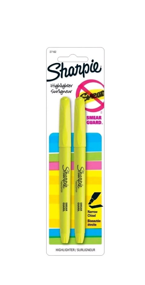 Sharpie Fluorescent Yellow Highlighter Accent Smear Guard 27167 Pack of 2