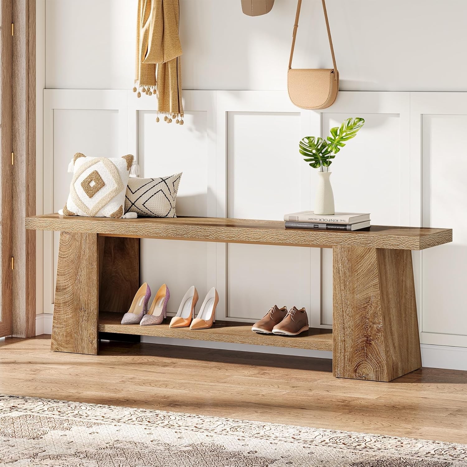 59-Inch Entryway Bench 2-Tier Farmhouse Indoor Shoe Bench Wood End of Bed Seat