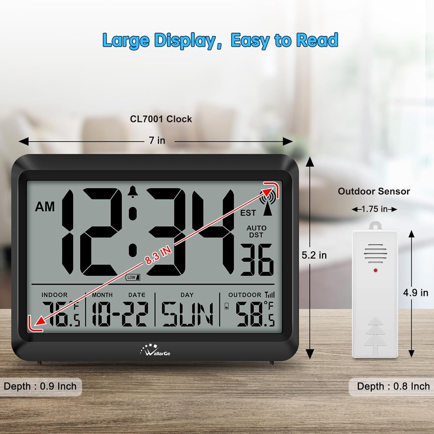 Modern Atomic Wall Clock - Self-Setting, Indoor Outdoor Temp