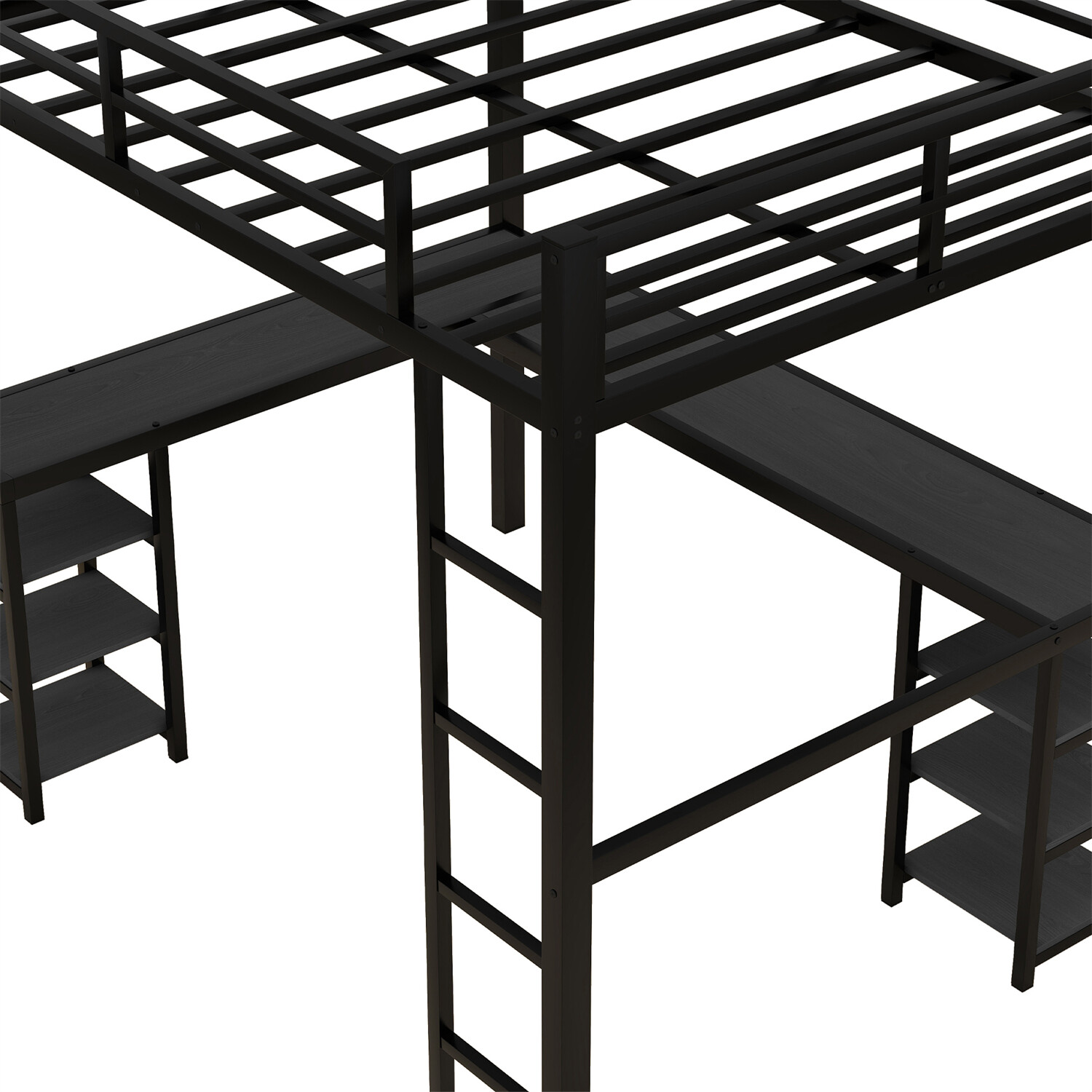 Full Size Loft Bed Metal Bed Frame w/ Desk and Storage Shelves Black