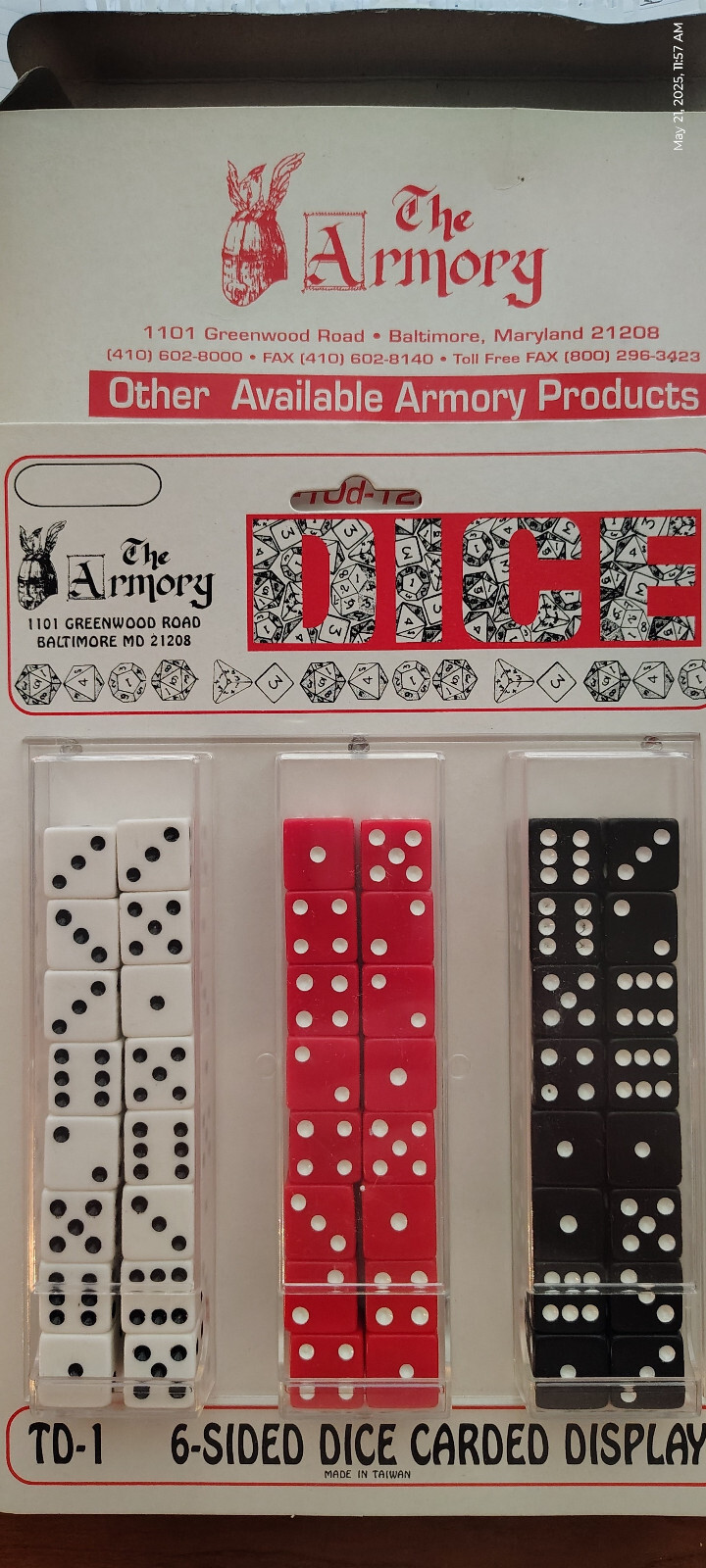 Dice,Vintage Armory D6s - TD2, 6-Sided Dice Carded Display TBD-2