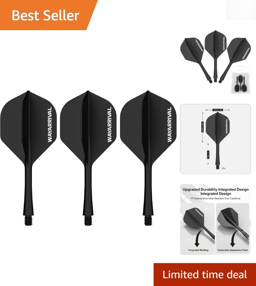 Unbreakable Integrated Dart Flights with Stems, 3 Pack, Universal 2BA Fit