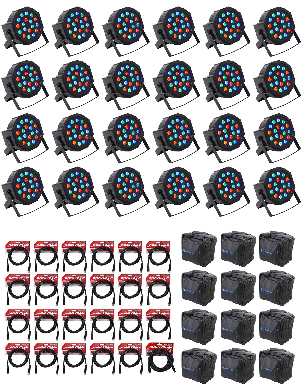 (24) Rockville FHB-118 LED RGB DMX LED PAR Can Wash Lights+(24) Cables+Bags