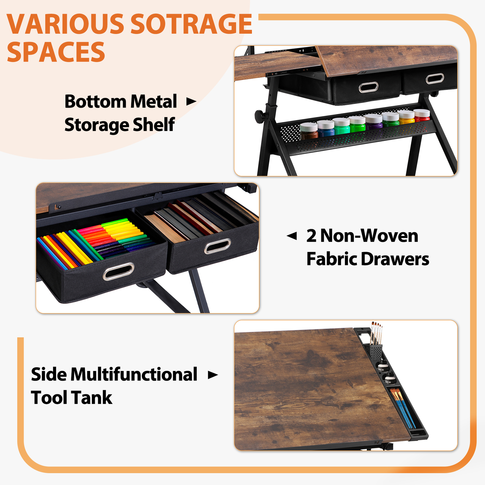 Adjustable Drawing Writing Table Stool w/ 2 Drawers for Artwork Art Desk Retro