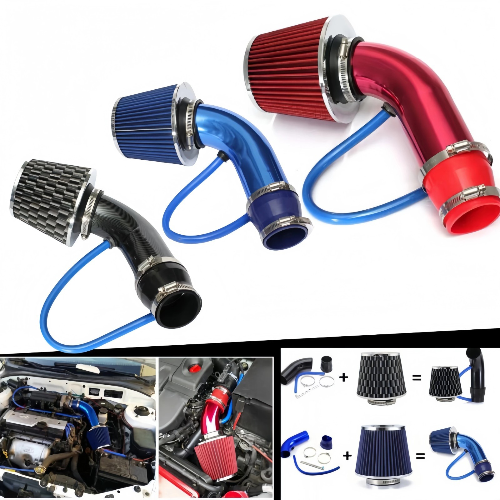 76mm High Flow Cold Air Intake Mushroom Head Filter Aluminum Pipe Kit for Cars