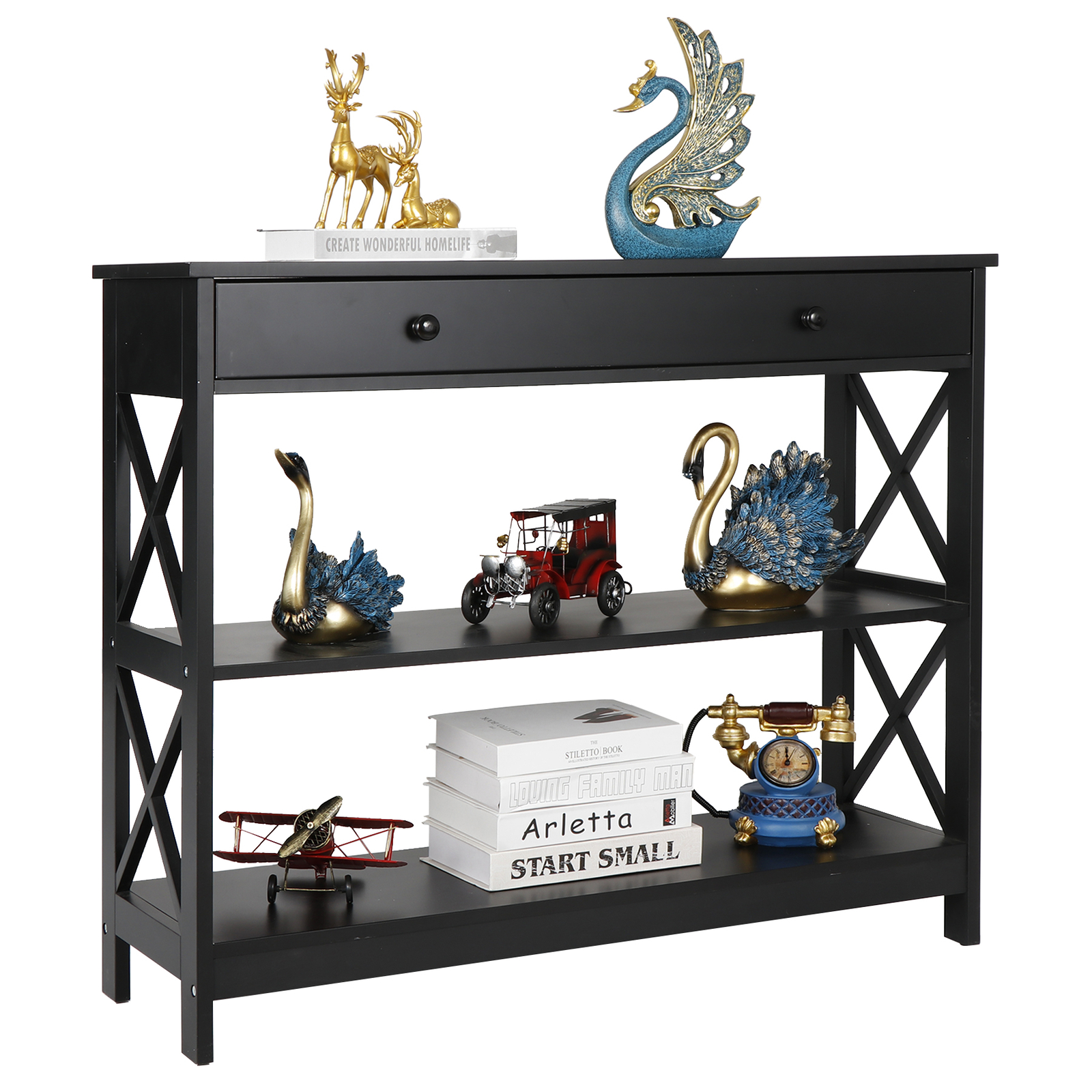 Wood Console Table 3 Tier Narrow Entryway End Sofa Table w/Storage Drawer Black