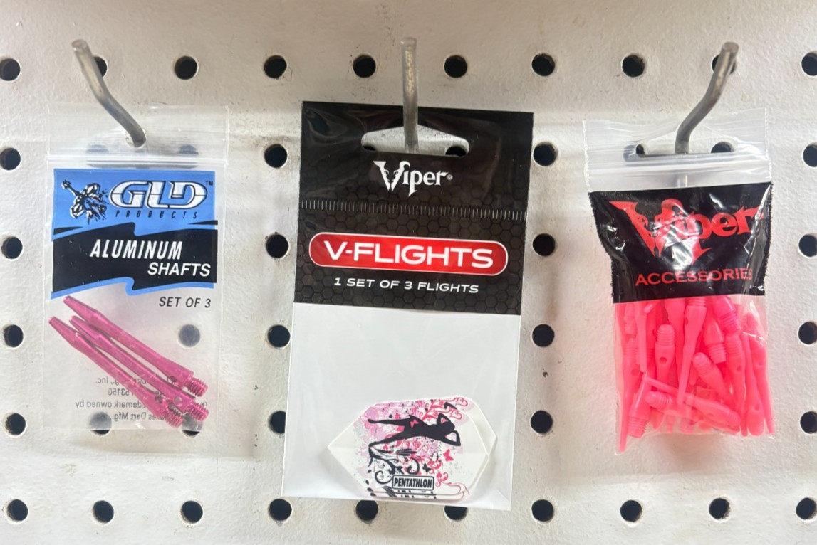 Pink Aluminum Dart Shafts, Pink Diva Lady Flights,  50 Tufflex III Tips