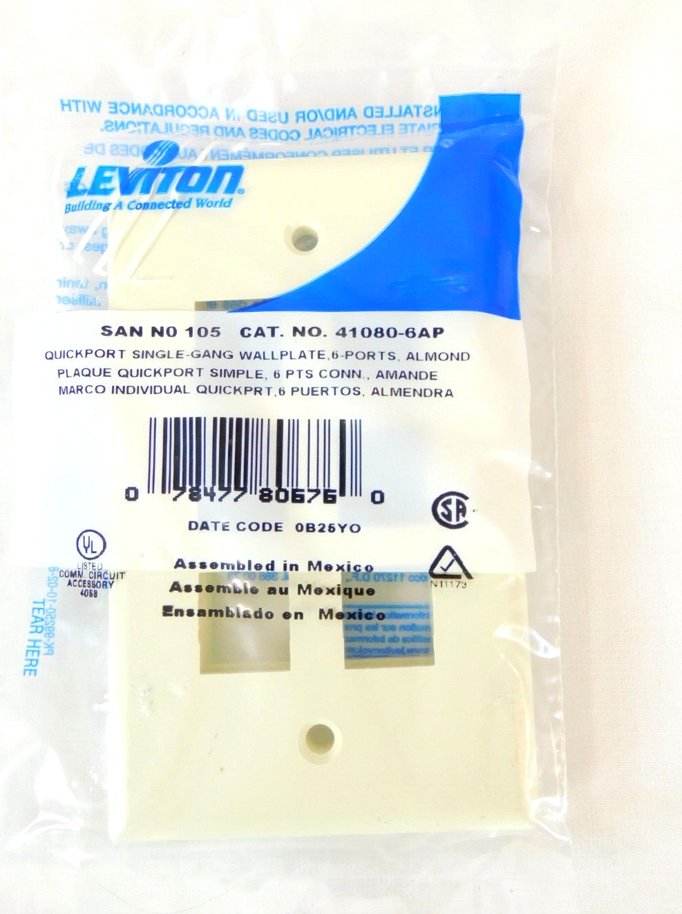 41080-6AP 6-Port Wallplate Leviton Quickport 1-Gang , Keystone Fit - Almond