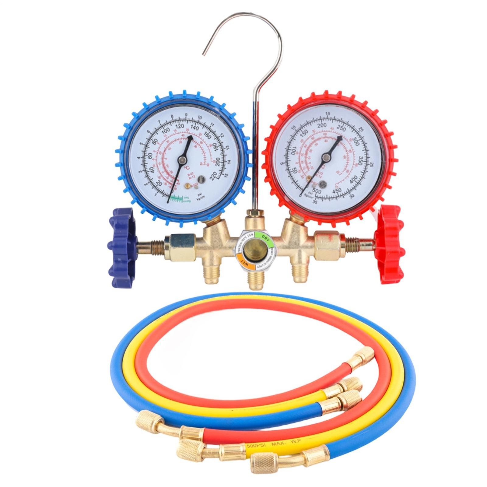 R134a HVAC Air Conditioning Aluminum Manifold Gauge Set W/ 3 Color Hoses A/C New
