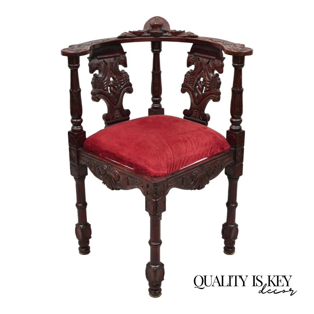 Reproduction Italian Renaissance Style Mahogany Corner Side Chair w/ Carved Face