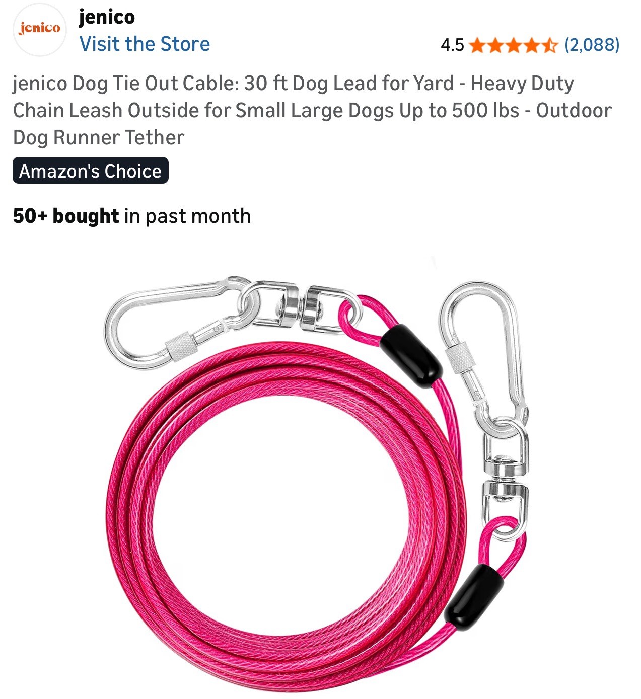 jenico Dog Tie Out Cable: 30 ft Dog Lead for Yard Heavy Duty Up to 500 lbs Large