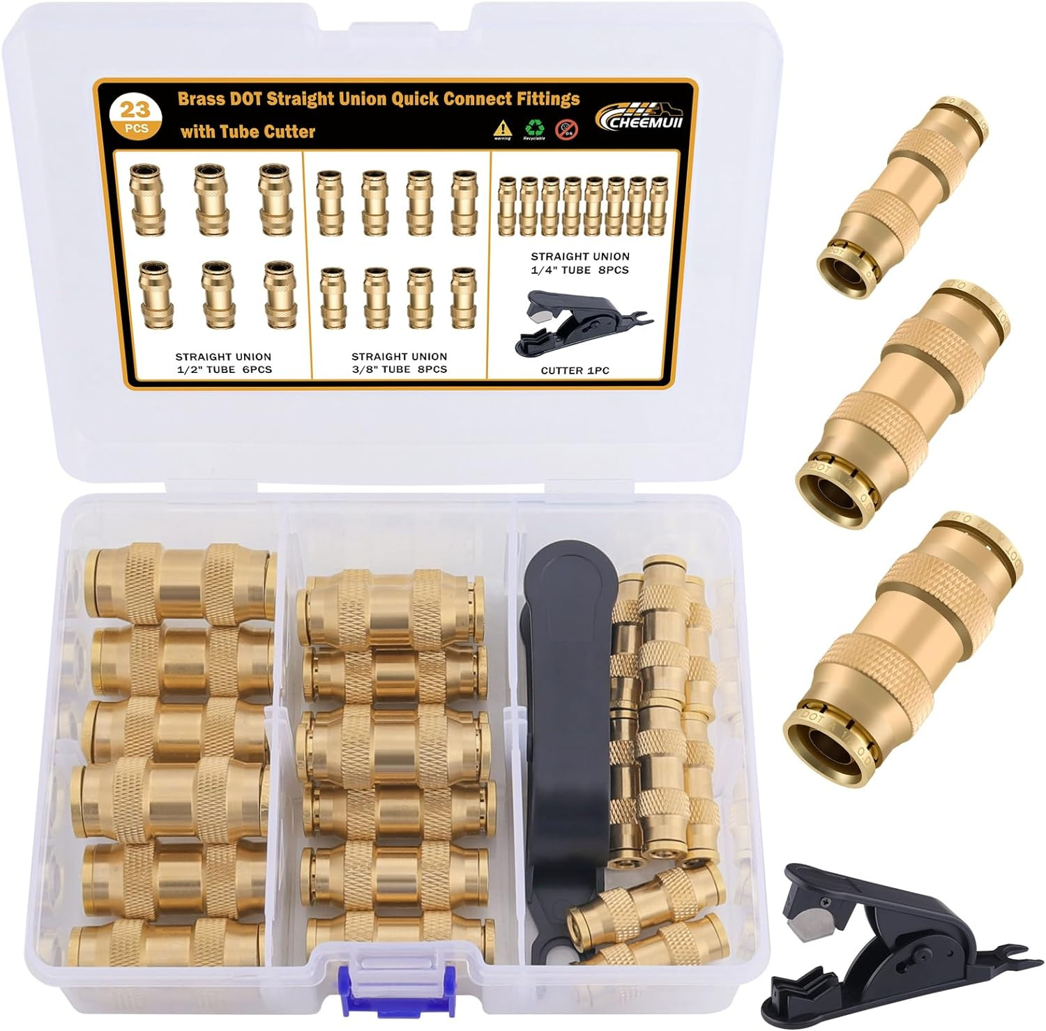 23Pcs Brass DOT Air Line Fittings Kit Straight Union Push to Connect Brake
