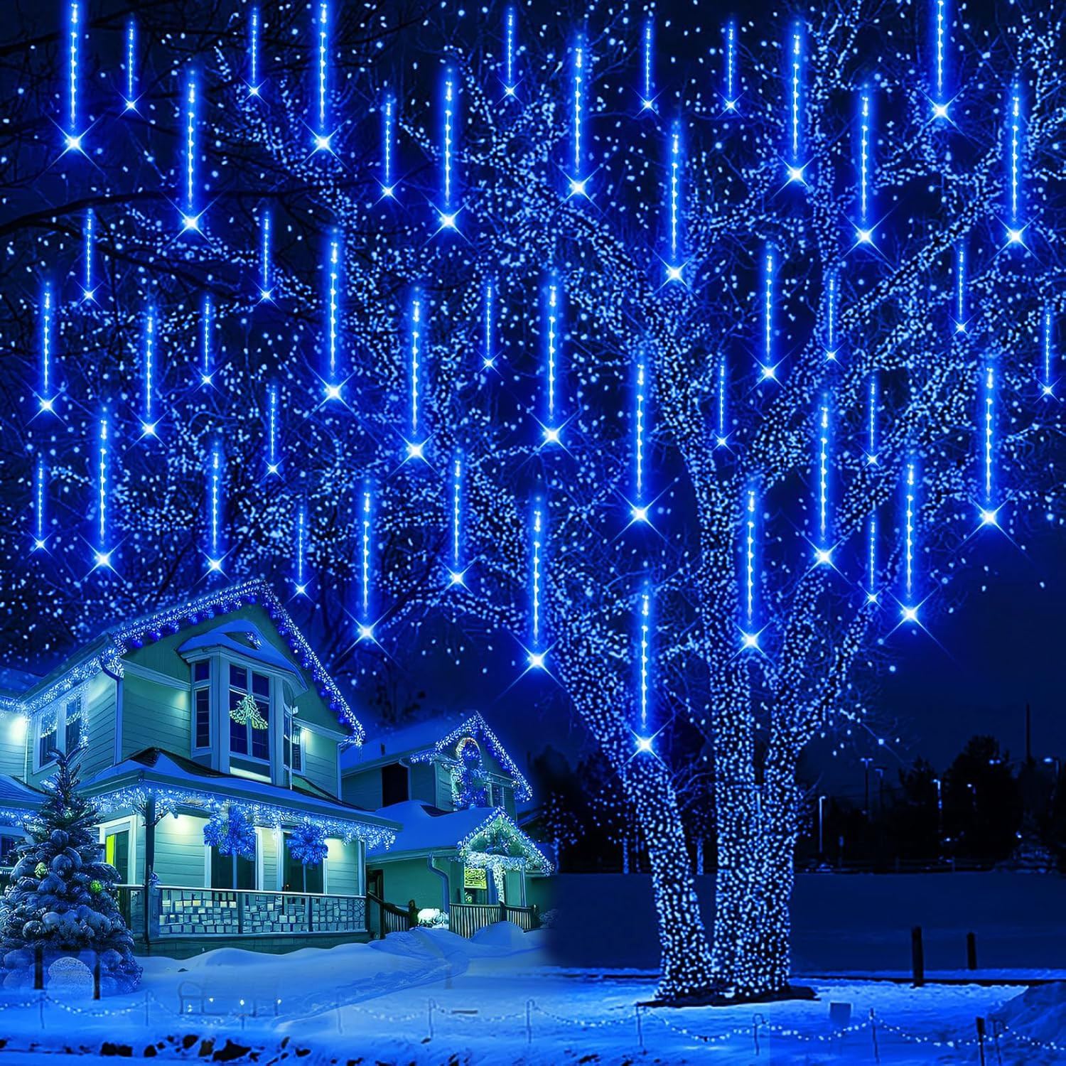 2 X 192 LED 8 Tube 12 inch Meteor Shower Lights Blue for Tree, Xtmas Decoration