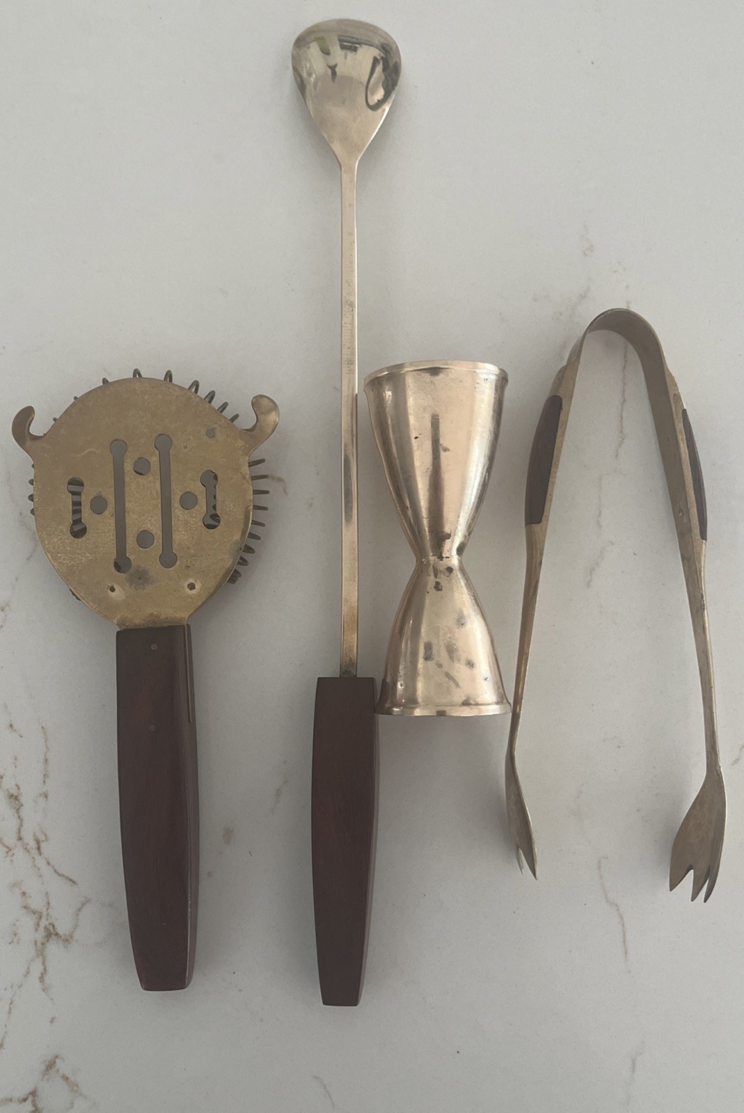 Vintage MCM 4 Piece Brass And Wood Bar Tool Set