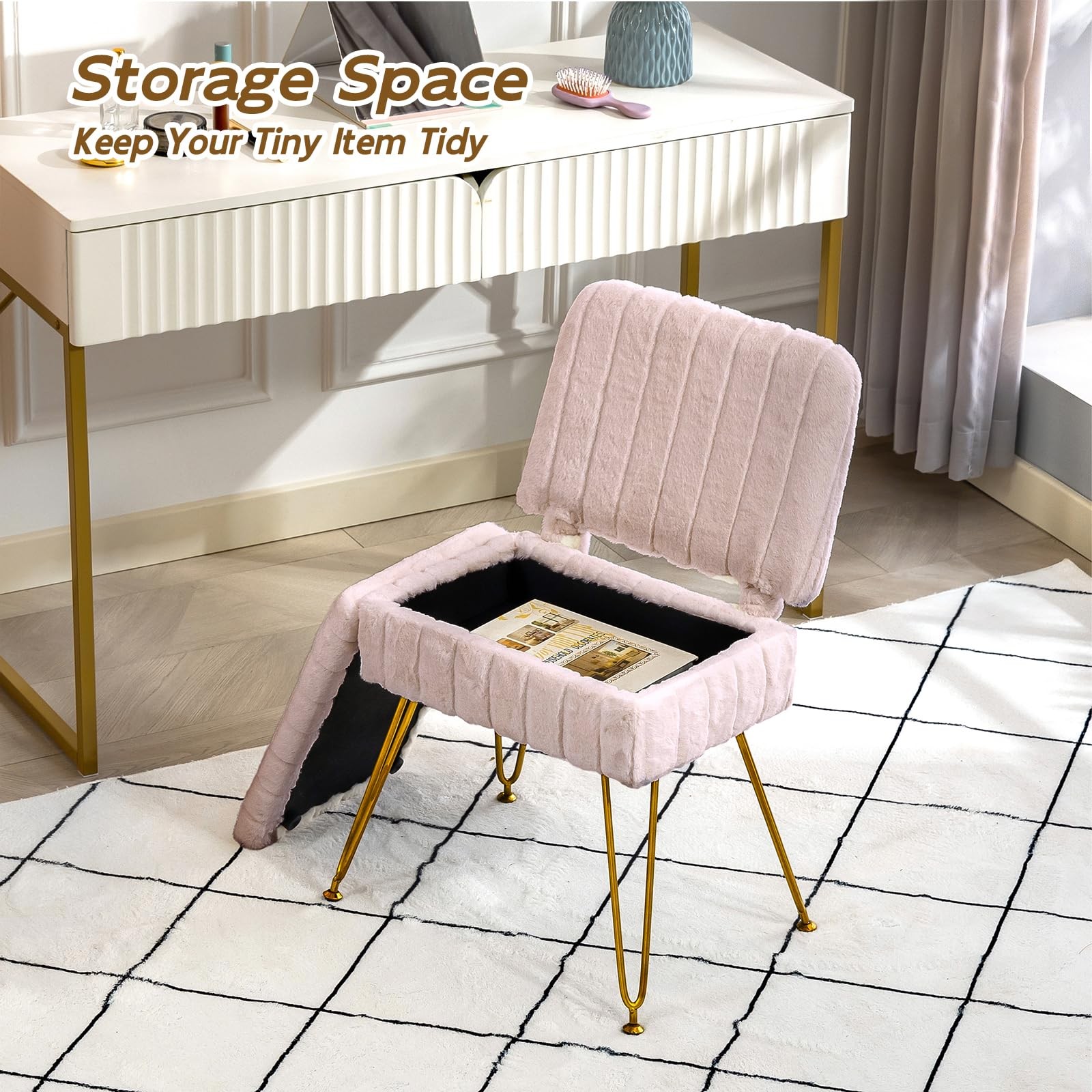 Vanity Chair with Storage, Comfy Ottoman with Folding Back, Faux Fur Vanity S...