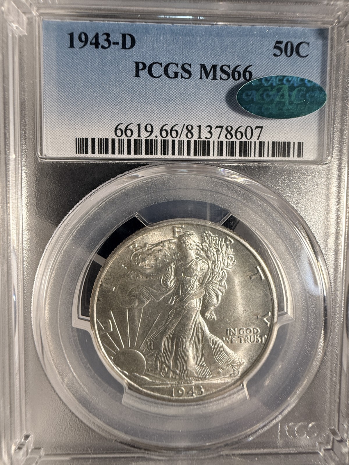 1943-D Walking Liberty Half Dollar, MS66 PCGS+CAC  (19386)