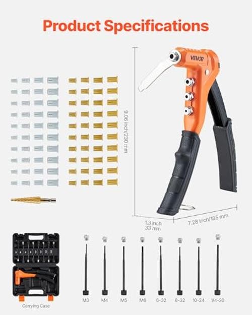 Rivet Nut Tool Kit, 9-Inch One-Handed Rivnut Tool Kit, with 9" RIVET NUT TOOL