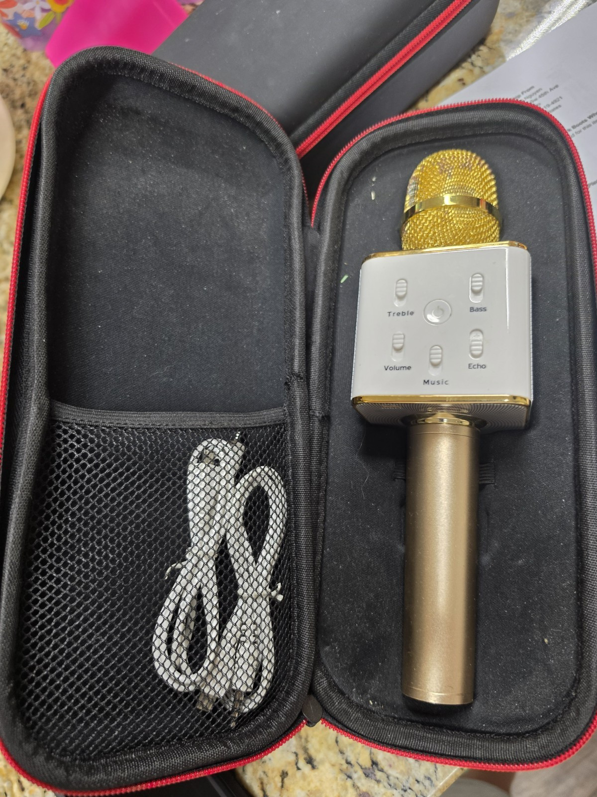Bluetooth Cordless Handheld Karaoke Microphone w/ Carrying Case, Gold/White