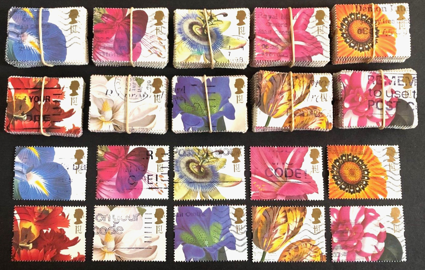 1000 FLOWERS Paintings GB Postage Stamps for Arts and Crafting, used off paper
