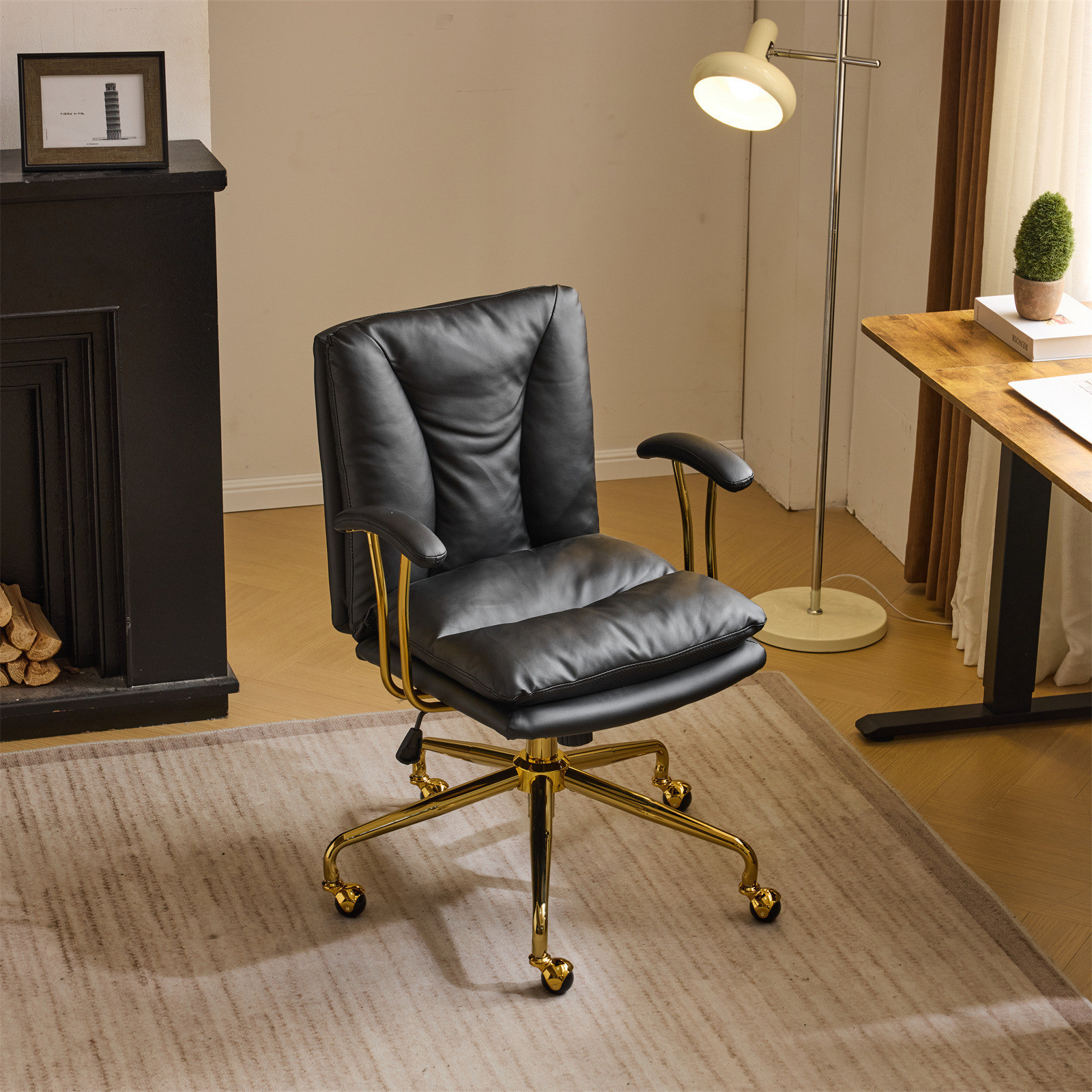 LEADZM Rolling Computer Chair for Home Office, Thick Padded Comfy Desk Armchair