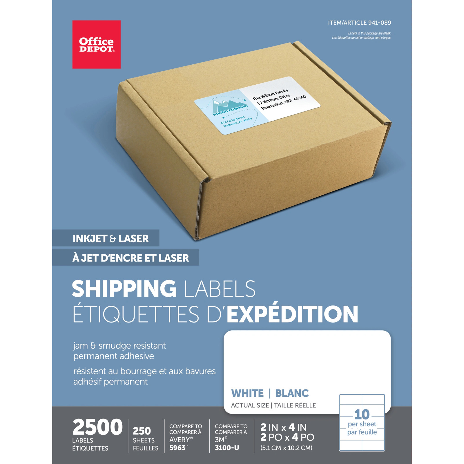 Office Depot Laser Shipping Labels, 505-O004-0020, 2" x 4", White, 2500-Pack