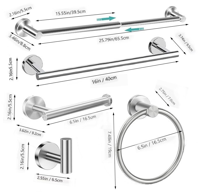 5 Pcs Silver Bathroom Hardware Set Stainless Steel Towel Bar Towel Racks Hooks