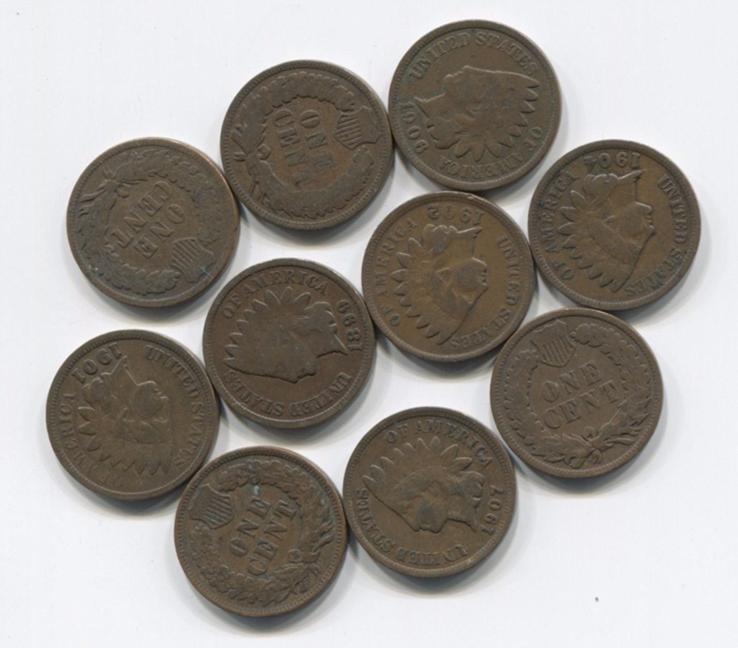 USA Antique Indian Head Pennies 1 Cent 10 Coins w/ 2 of 19th Century Random Date