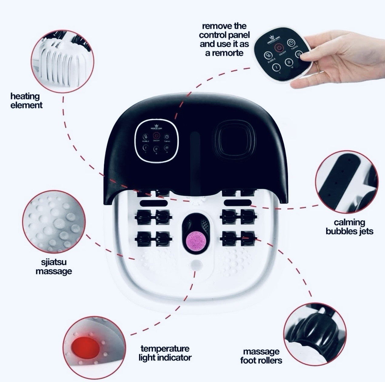 Foldable Heated Foot Bath with Massage Rollers, Bubble Jets, Remote, Black/White
