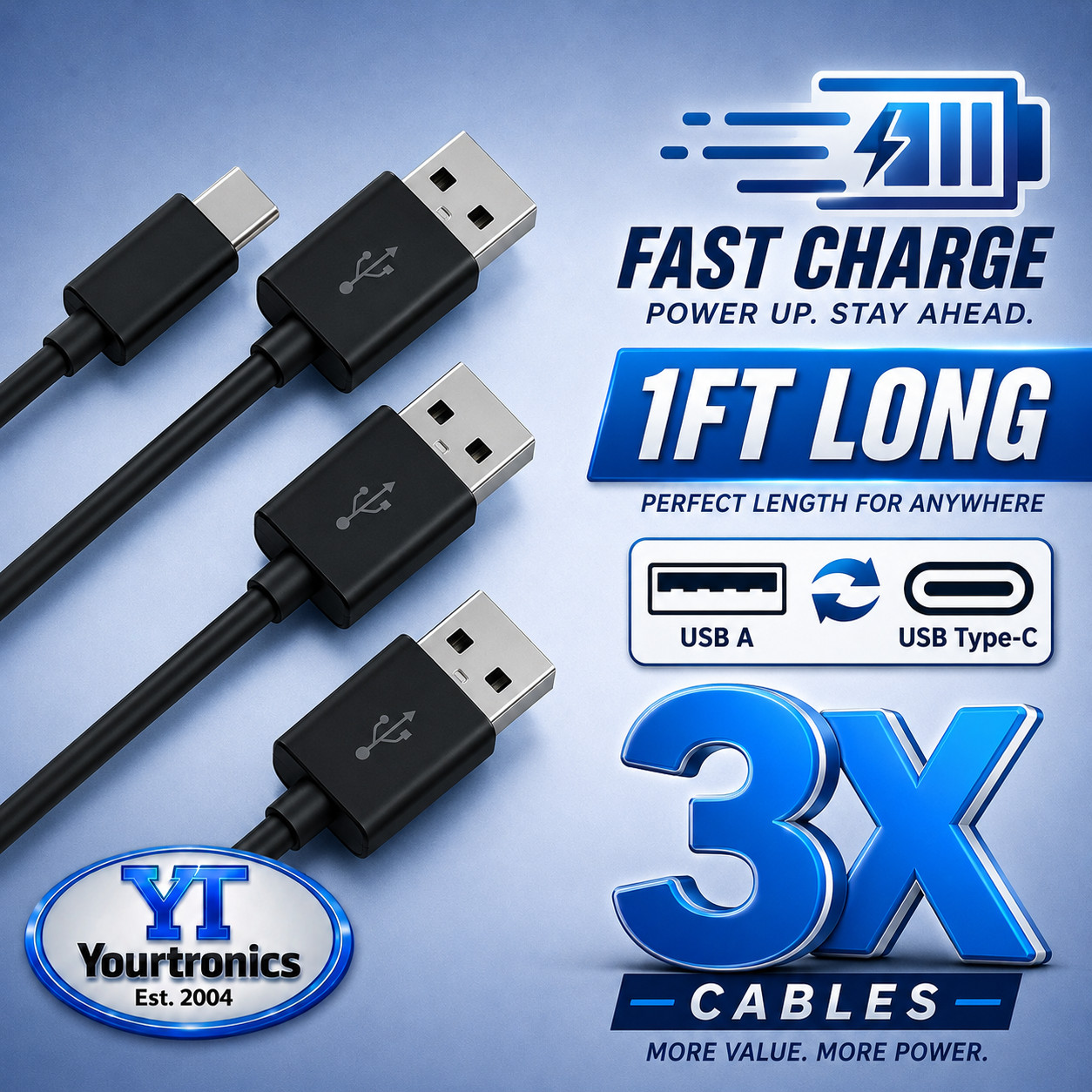 3 PACK 1FT Short USB-C to USB-A Cable Fast Charger Type C Charging Cord Sync
