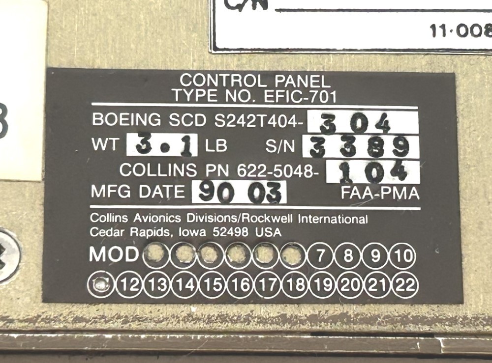 Collins Aircraft EFIC Control Panel 622-5048-104