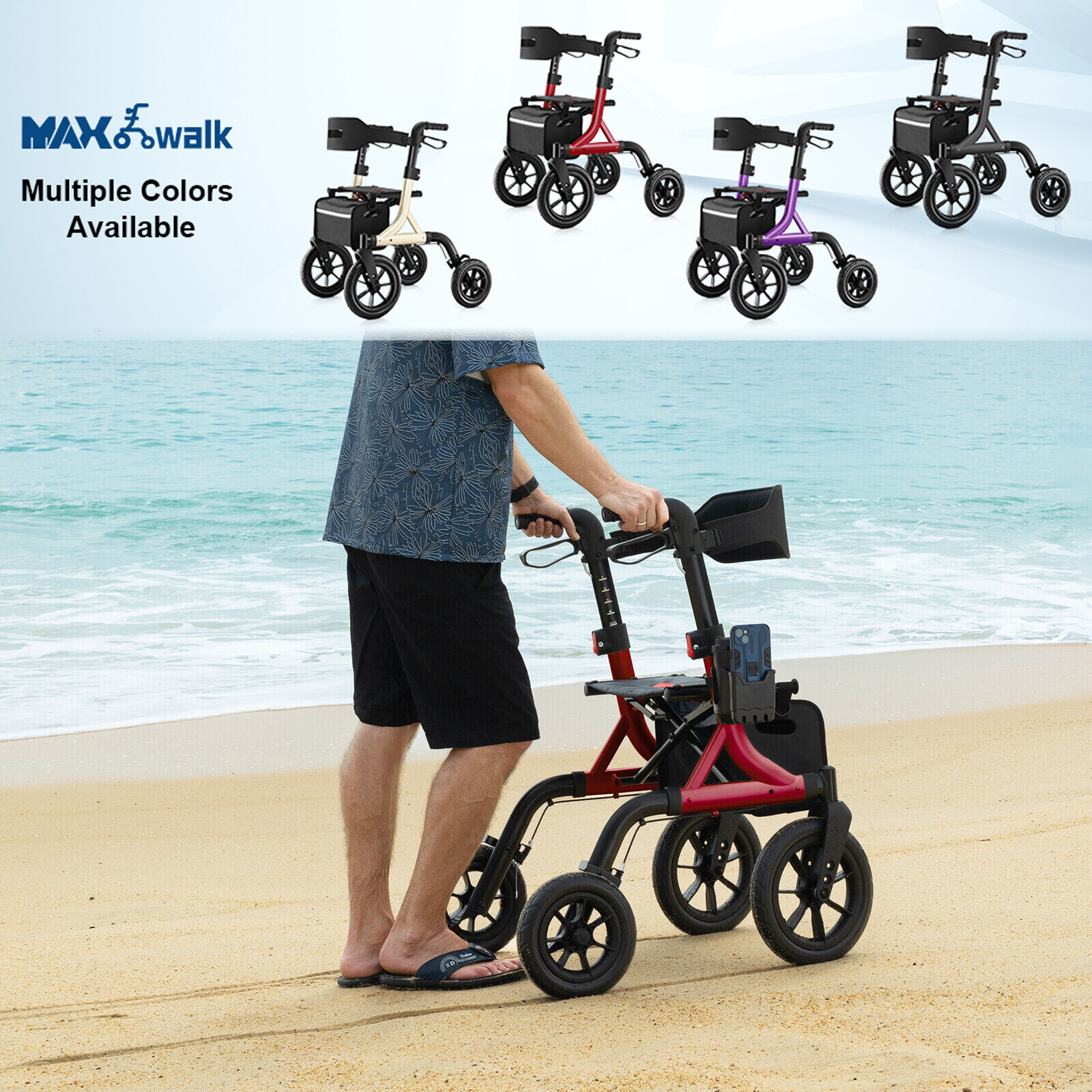 All-Terrain Rollator Walker with Non-Pneumatic Tire and 12'' Front Rubber Wheels