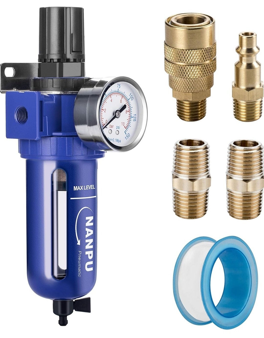 1/4" NPT Compressed Air Filter Regulator, Zinc Alloy, 5 Micron Brass Element, 0-