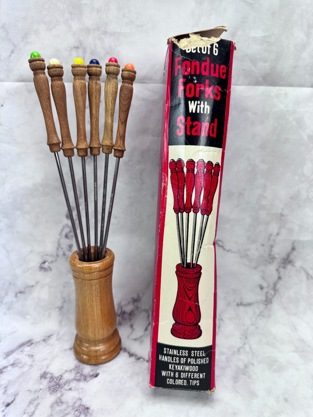 Set of 6 Stainless Steel Fondue Forks Color Tipped w/ Keyakiwood Handles & Stand