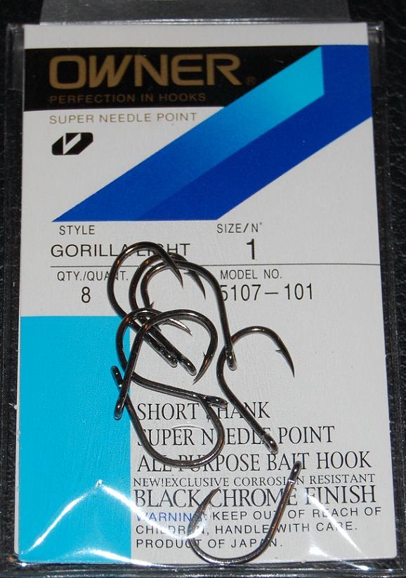 Owner Gorilla Light Hooks Black Chrome - Size 1 - Pack of 8 Saltwater Bait Hooks
